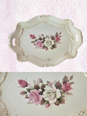 Vintage Euro Rose Cream Lightweight Serving Tray Florence Italy Cottagecore